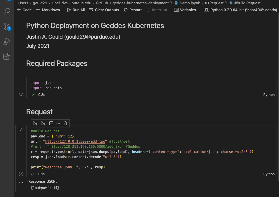 The python script run locally that verifies the add_two function is running.